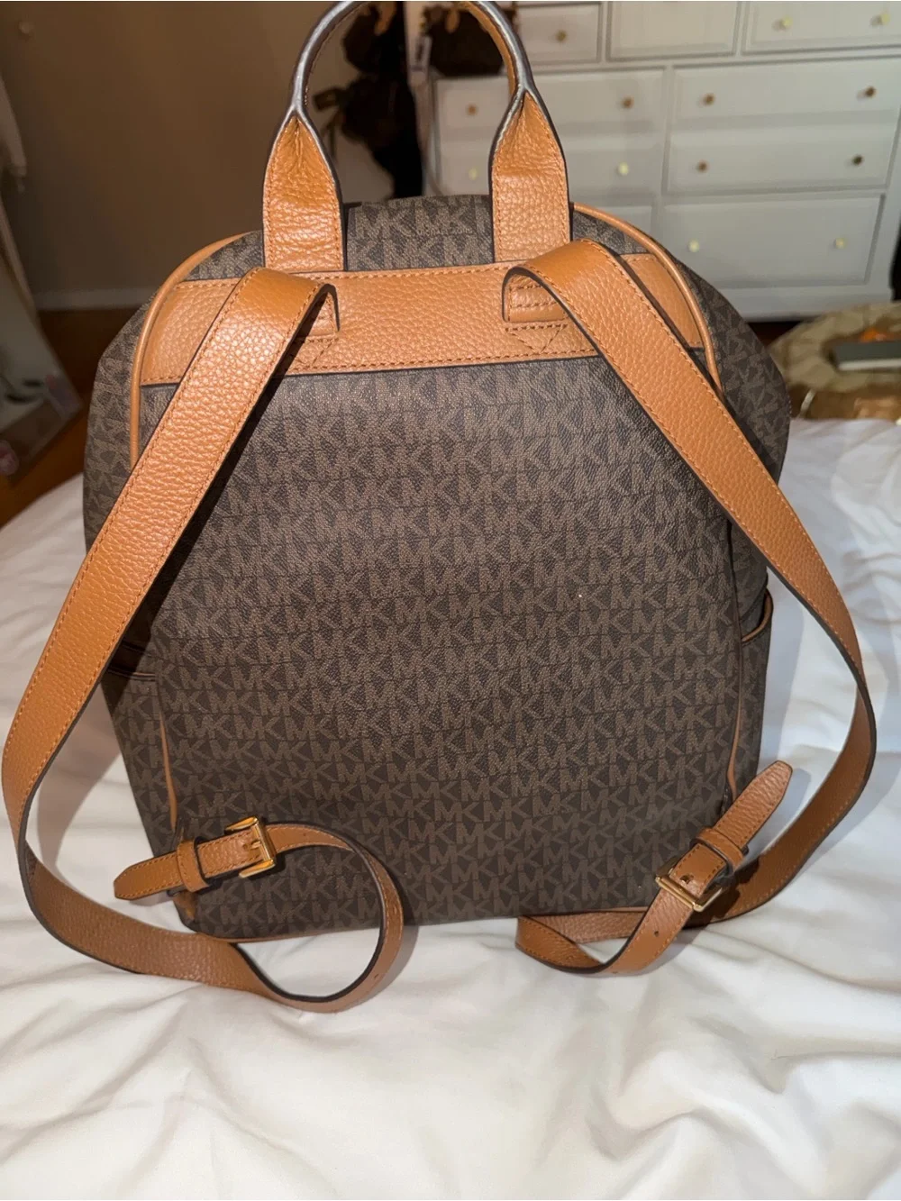 Michael Kors Brown Logo MK Signature Backpack with Tan Trim